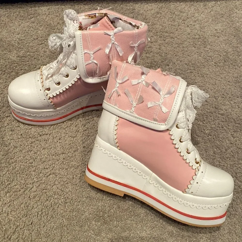 Kid’s Girls Platform Wedge Boots Pink & White Size EU 30 (12.5 US) NEW